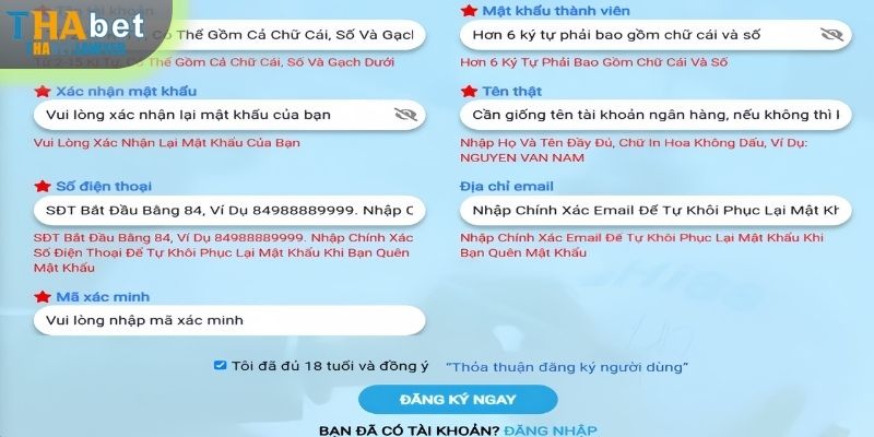 Điền chính xác thông tin để đăng ký THABET nhanh chóng